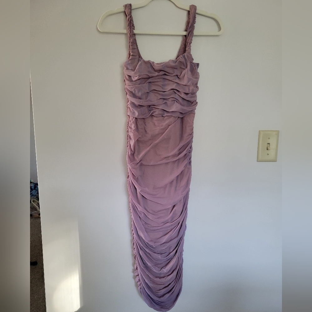 Nookie Mesh Mauve Ruched Bodycon Dress Sz L